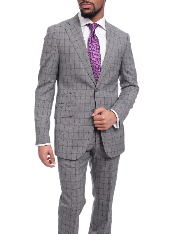 Statement Shirts Napoli Slim Fit Gray & Blue Windowpane Plaid Half Canvassed Super 150s Wool Suit