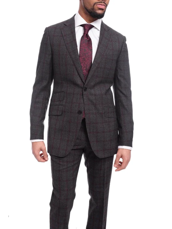 Jogger Pants Napoli Slim Fit Gray & Red Plaid Windowpane Half Canvased Super 150s Wool Suit