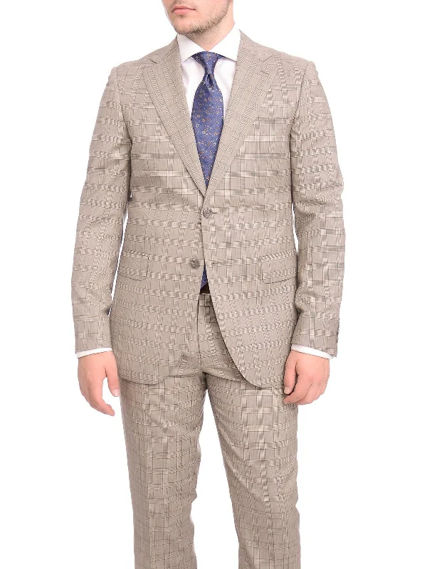 Bold Prints Napoli Slim Fit Light Brown Glen Plaid Half Canvassed Marzotto Wool Suit