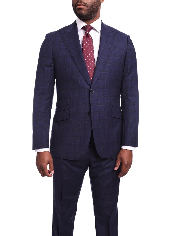 Printed Jackets Napoli Slim Fit Navy Blue Plaid Half Canvassed Wool Suit With Wide Peak Lapels