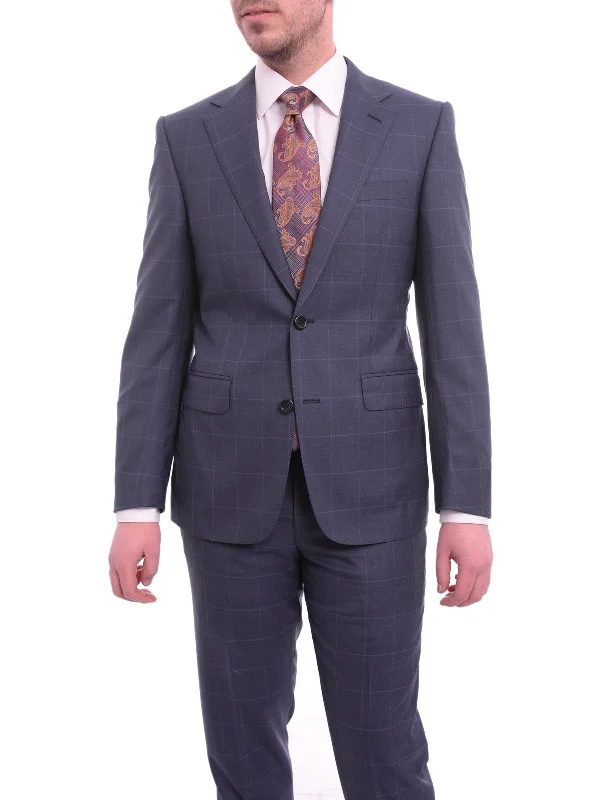 Slim-fit Shirts Napoli Slim Fit Navy Blue Windowpane Plaid Half Canvassed Super 160's Wool Suit