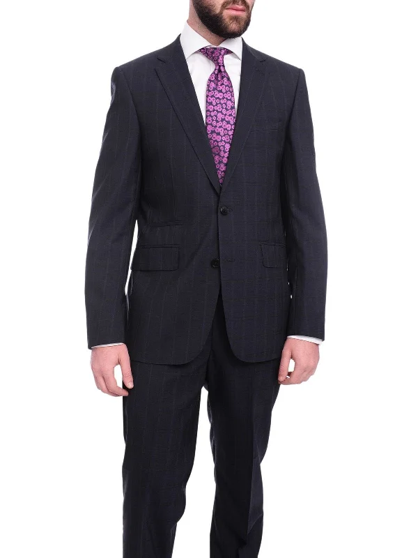 Fashion Accessories Napoli Slim Fit Navy Blue Windowpane Plaid Two Button Half Canvassed Wool Suit