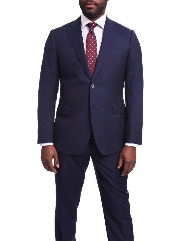 Stylish Polos Napoli Slim Fit Solid Navy Blue Two Button Half Canvassed Guabello Wool Suit