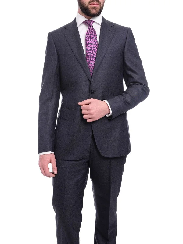 Layered Outfits Napoli Slim Fit Solid Navy Blue Two Button Half Canvassed Wool Suit