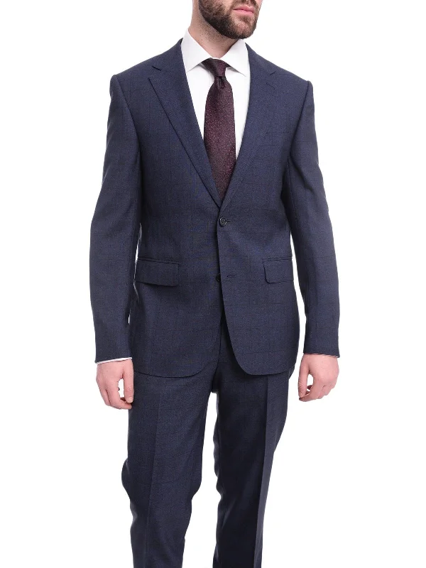 Comfy Sweatpants Napoli Slim Fit Textured Blue Black Plaid Half Canvassed Super 160s Wool Suit