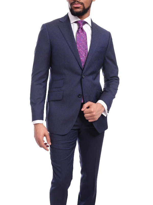 Slim-fit Jeans Napoli Slim Fit Textured Navy Blue Half Canvassed Wool Suit Ticket Pocket