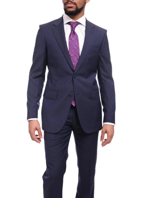 Casual Coats Napoli Slim Fit Textured Navy Blue Two Button Half Canvassed Marzotto Wool Suit