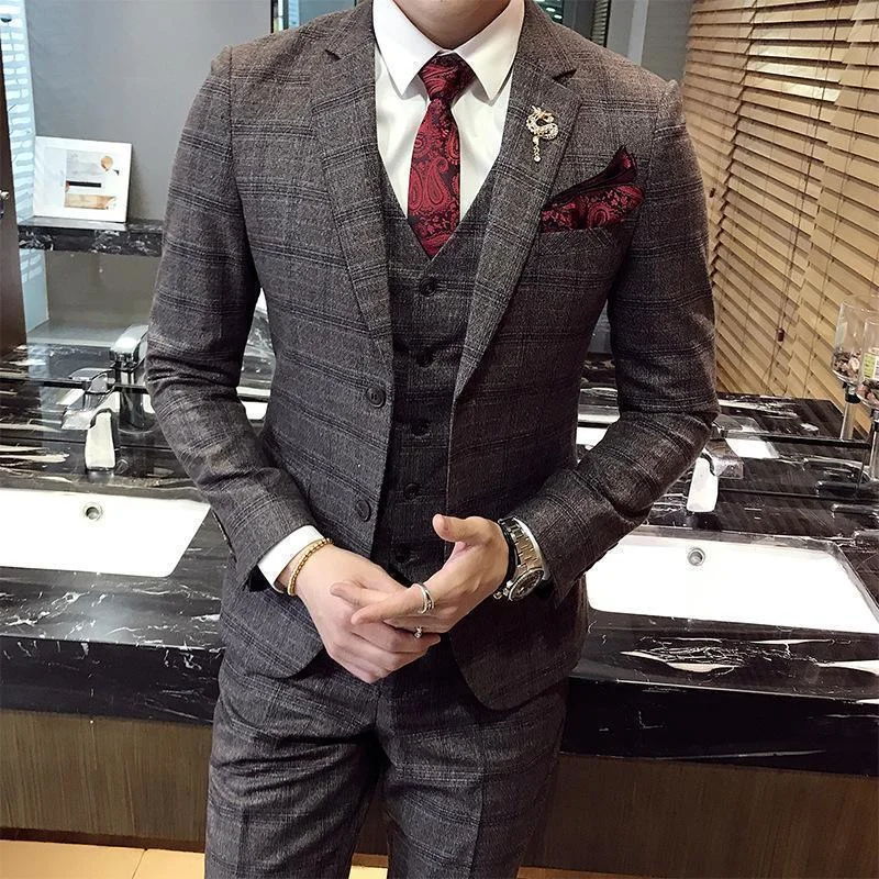 Stylish Trousers Office Ready Plaid Three Piece Suit