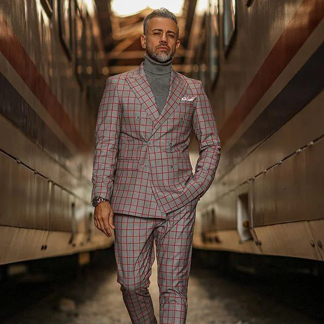 Sporty Blazers Red Plaid Double-Breasted Two Piece Suit