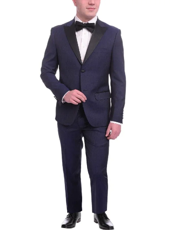 Street-inspired Unique Slim Fit Midnight Blue Subtle Sheen Wool Tuxedo Suit Satin Peak Lapels